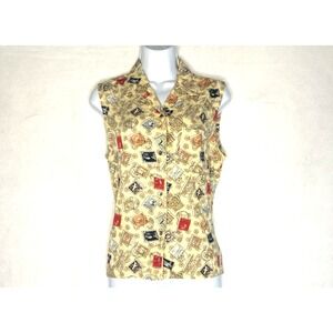 LIz Claiborne all over stamps‎ of the world blouse 100% Rayon Petite L